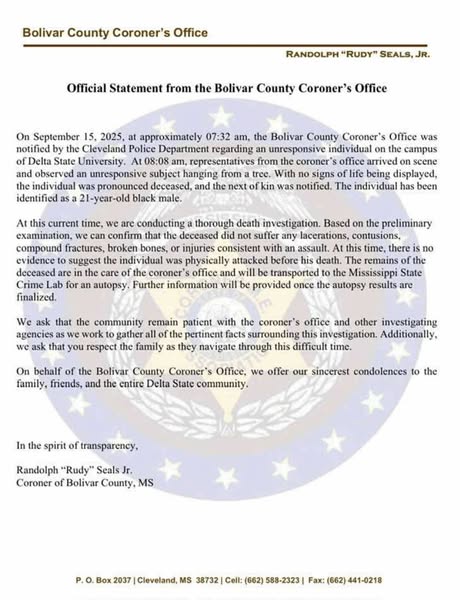 Bolivar County Coroner Addresses Rumors Surrounding Death of Delta State Student