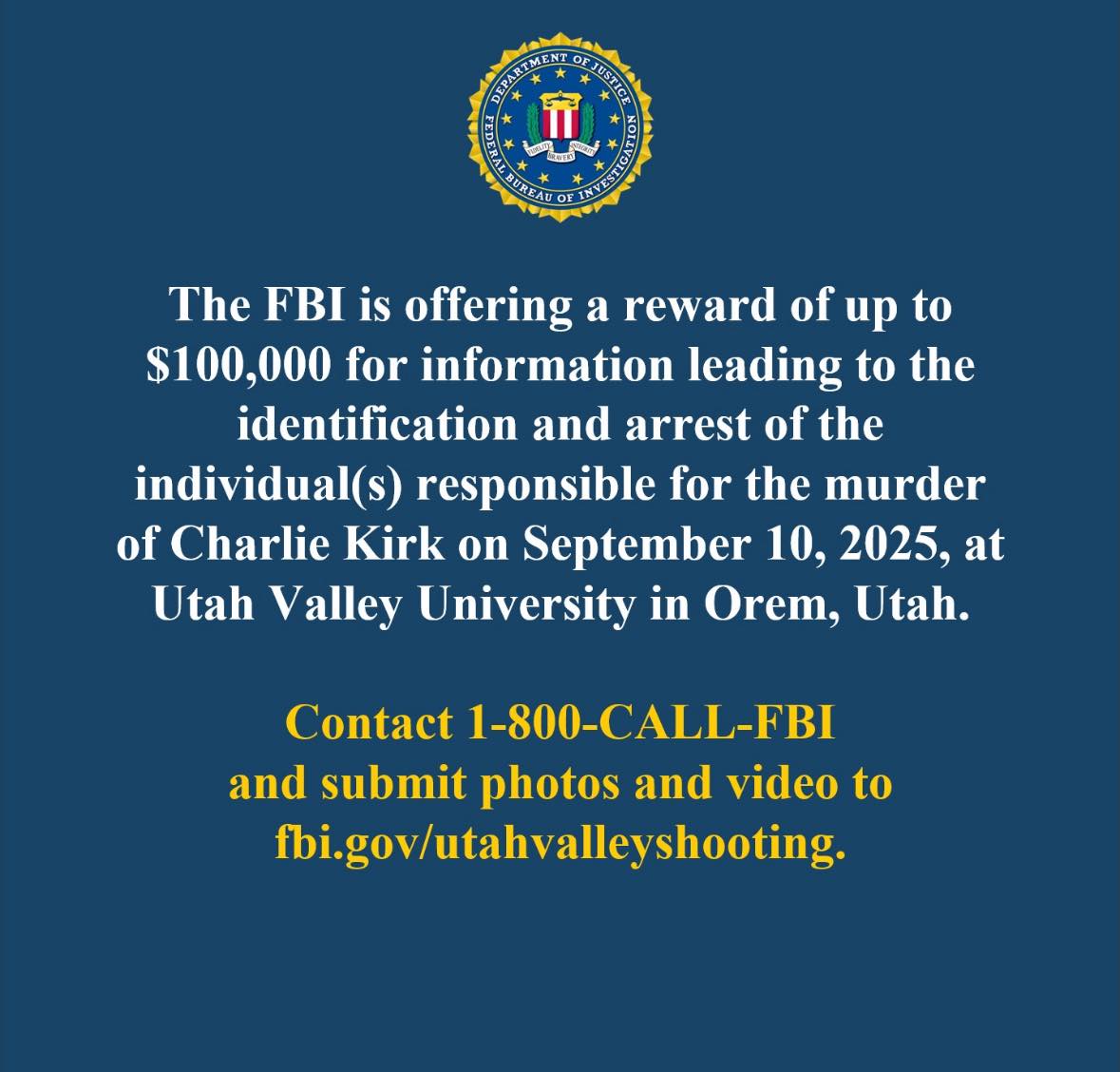 BREAKING: FBI Offers $100K Reward in Hunt for Charlie Kirk’s Killer
